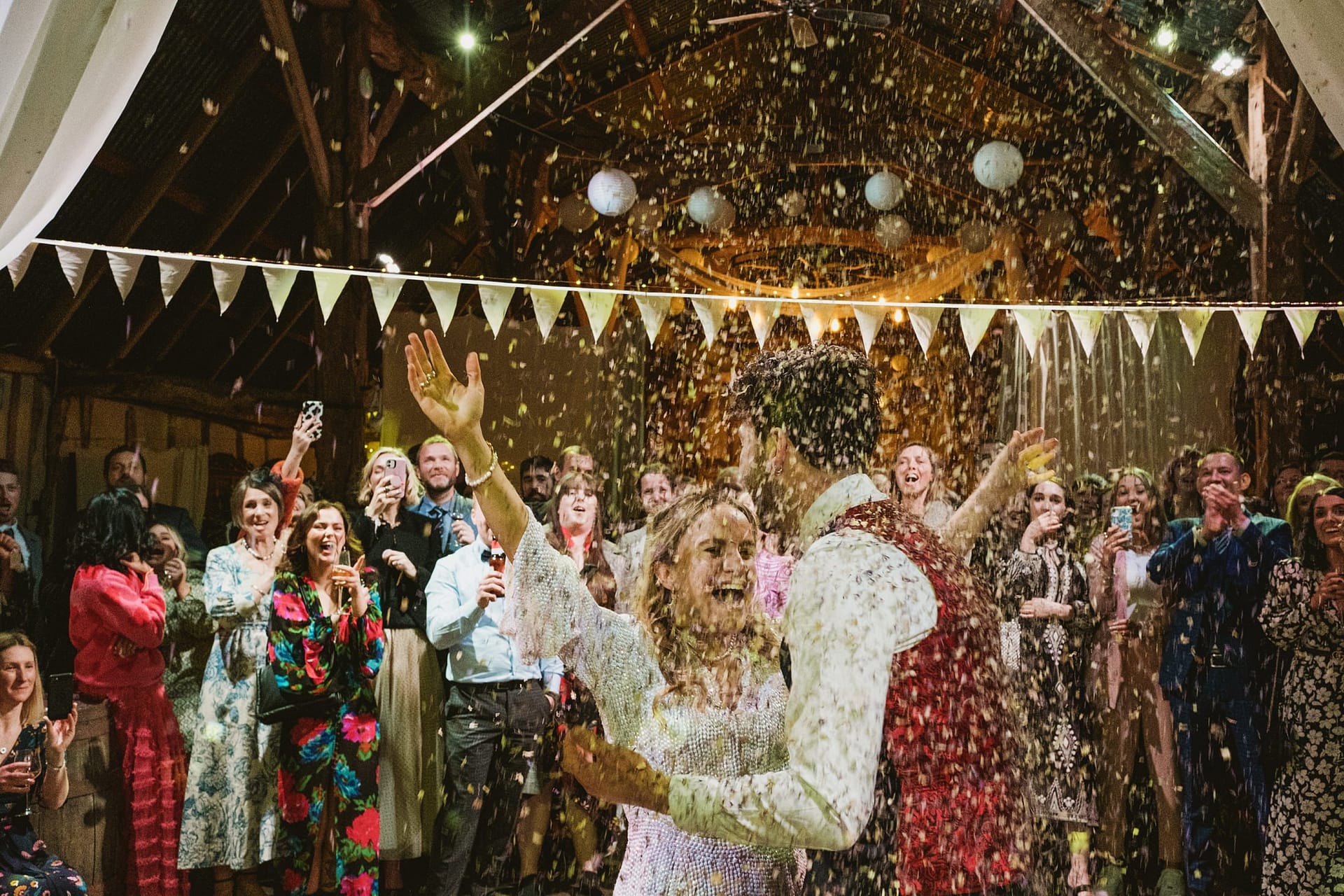 Confetti bomb first dance at Alpheton Barns in Suffolk