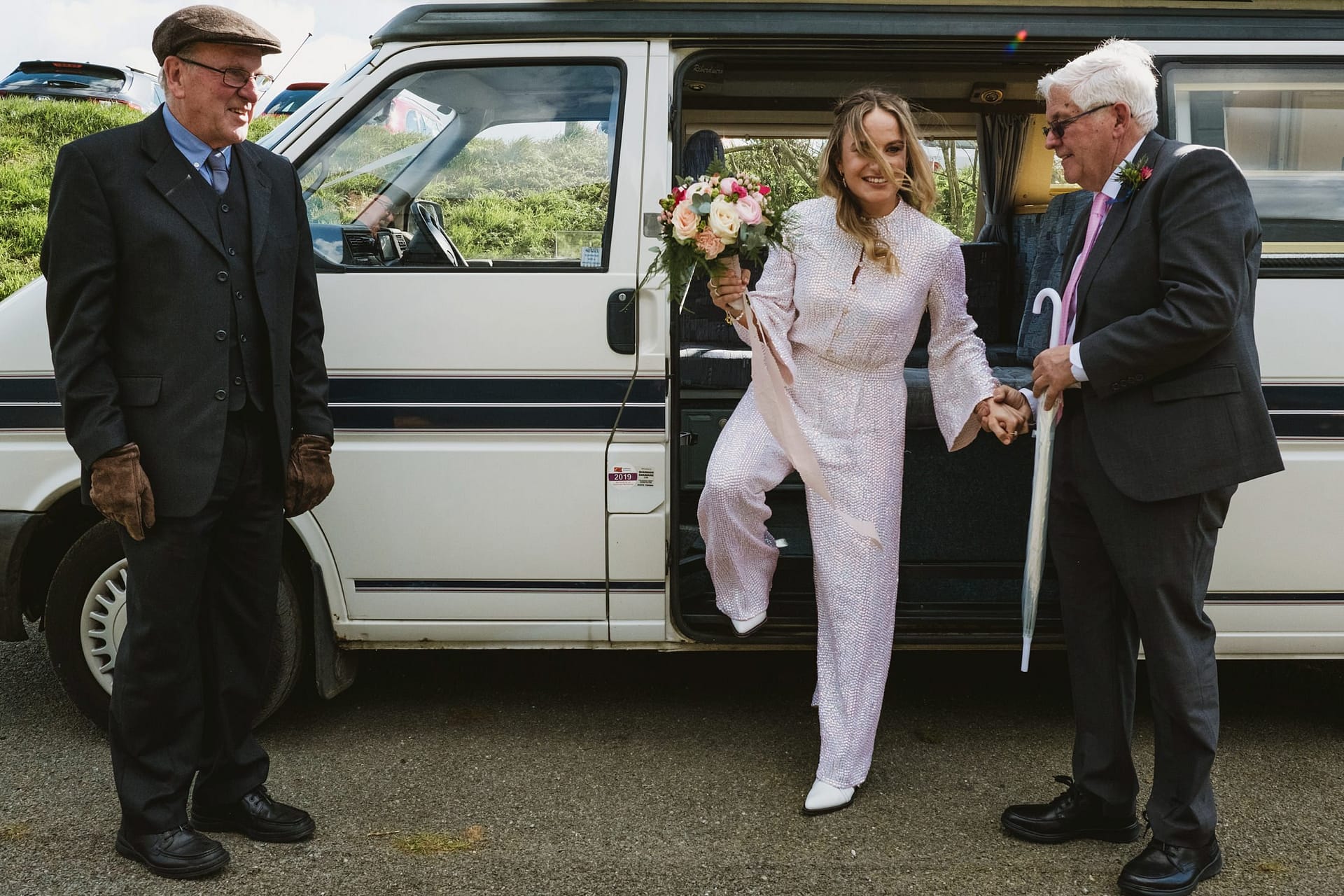 bride arrives at Alpheton Barns in suffolk