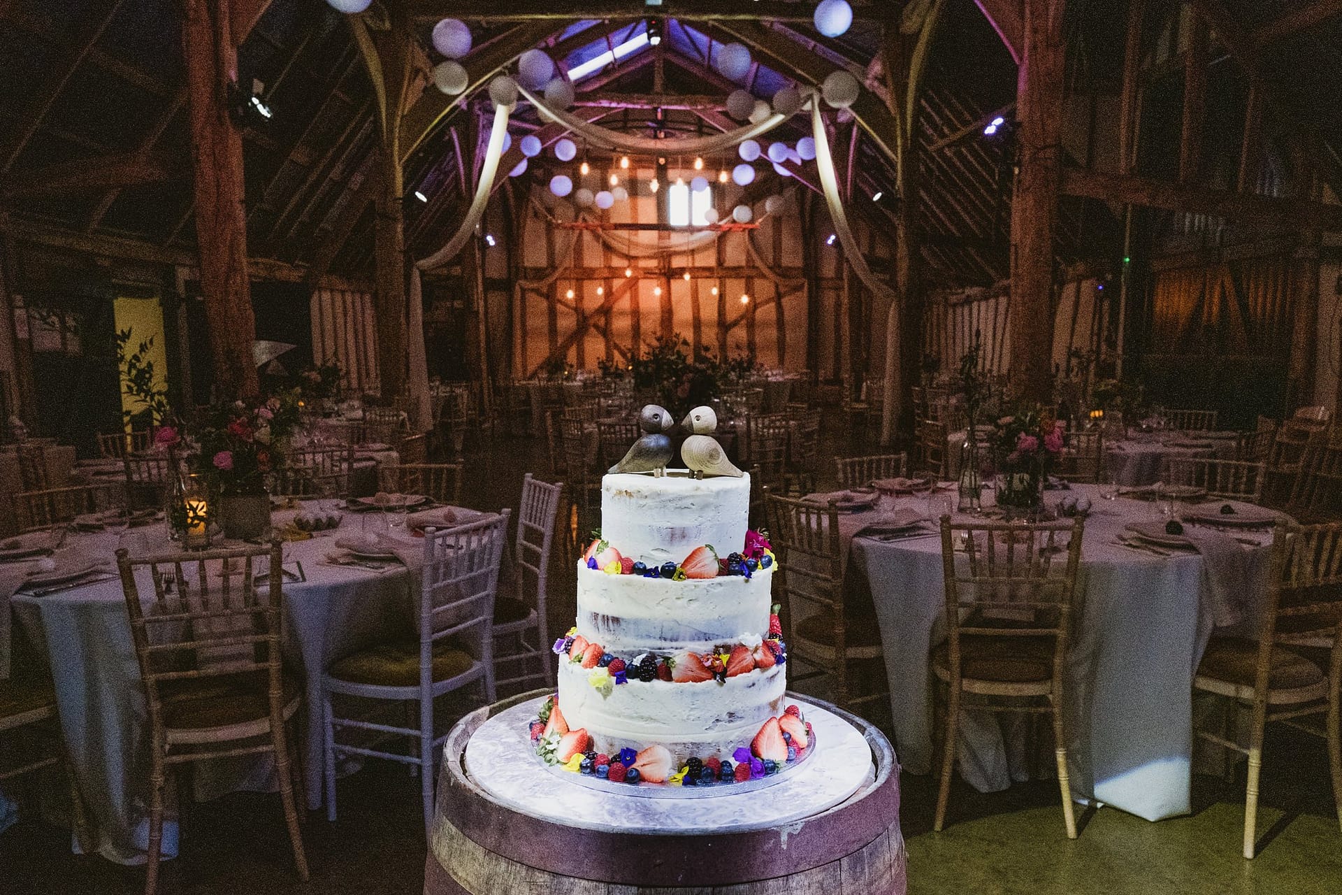 Alpheton Barns wedding reception, cake and decorations