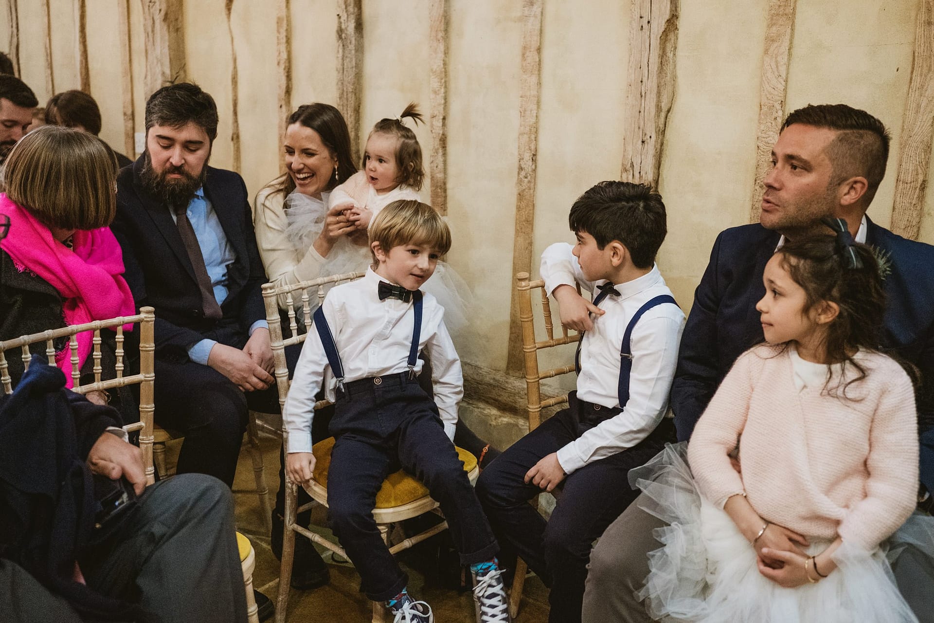 little wedding guests during wedding ceremony at Alpheton Barns