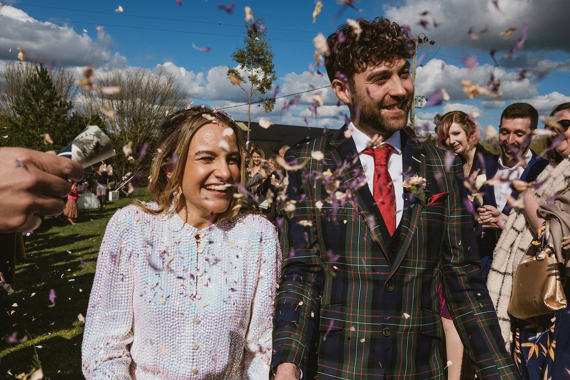 bride and groom confetti at Alpheton Barns