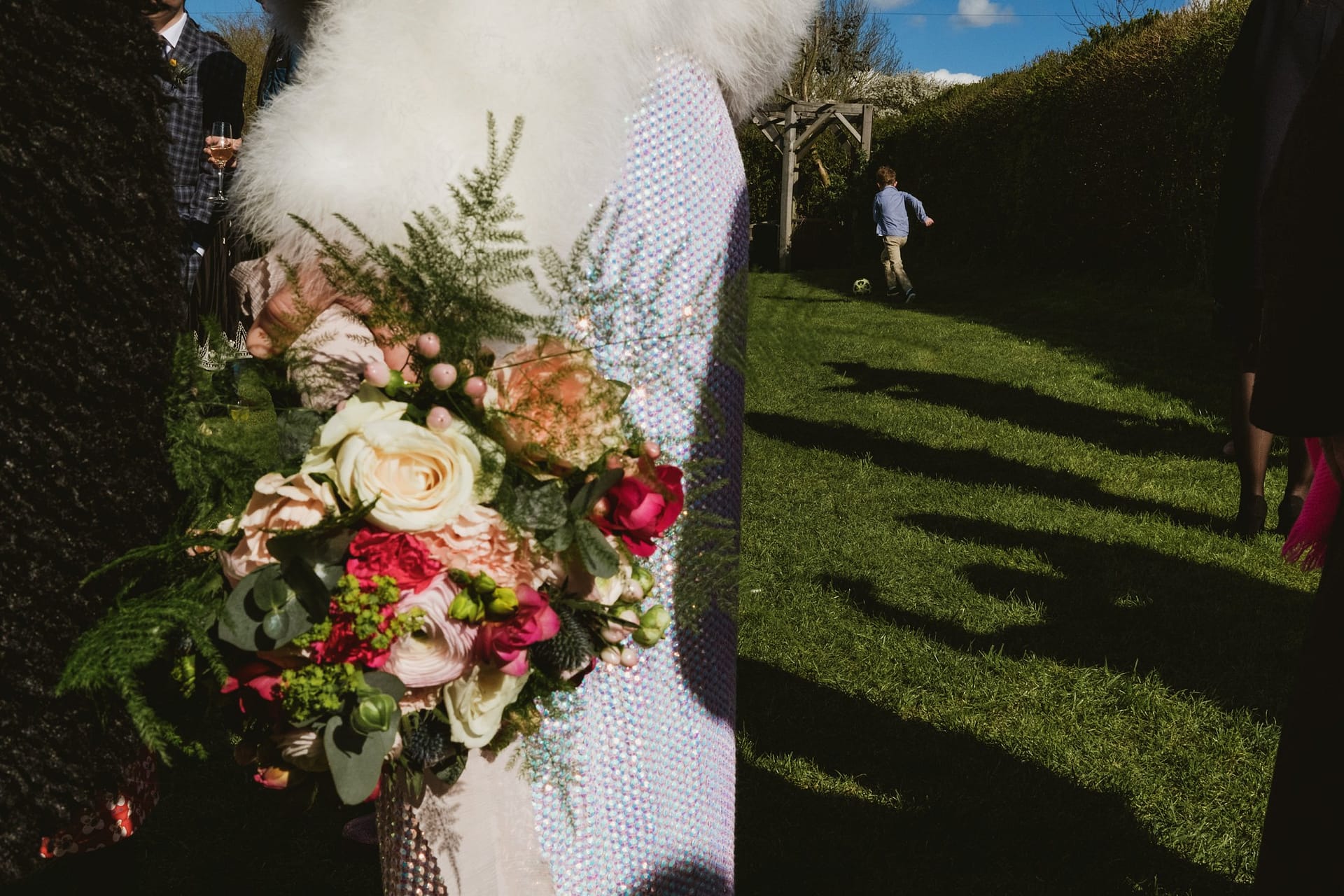 bridal flowers in bright light and shadows at Alpheton Barns