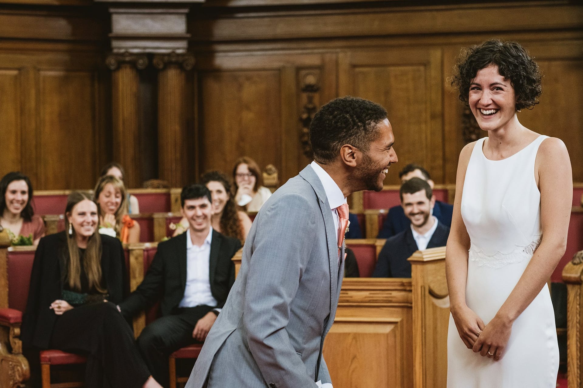 islington town hall wedding ceremony bride and groom laughing