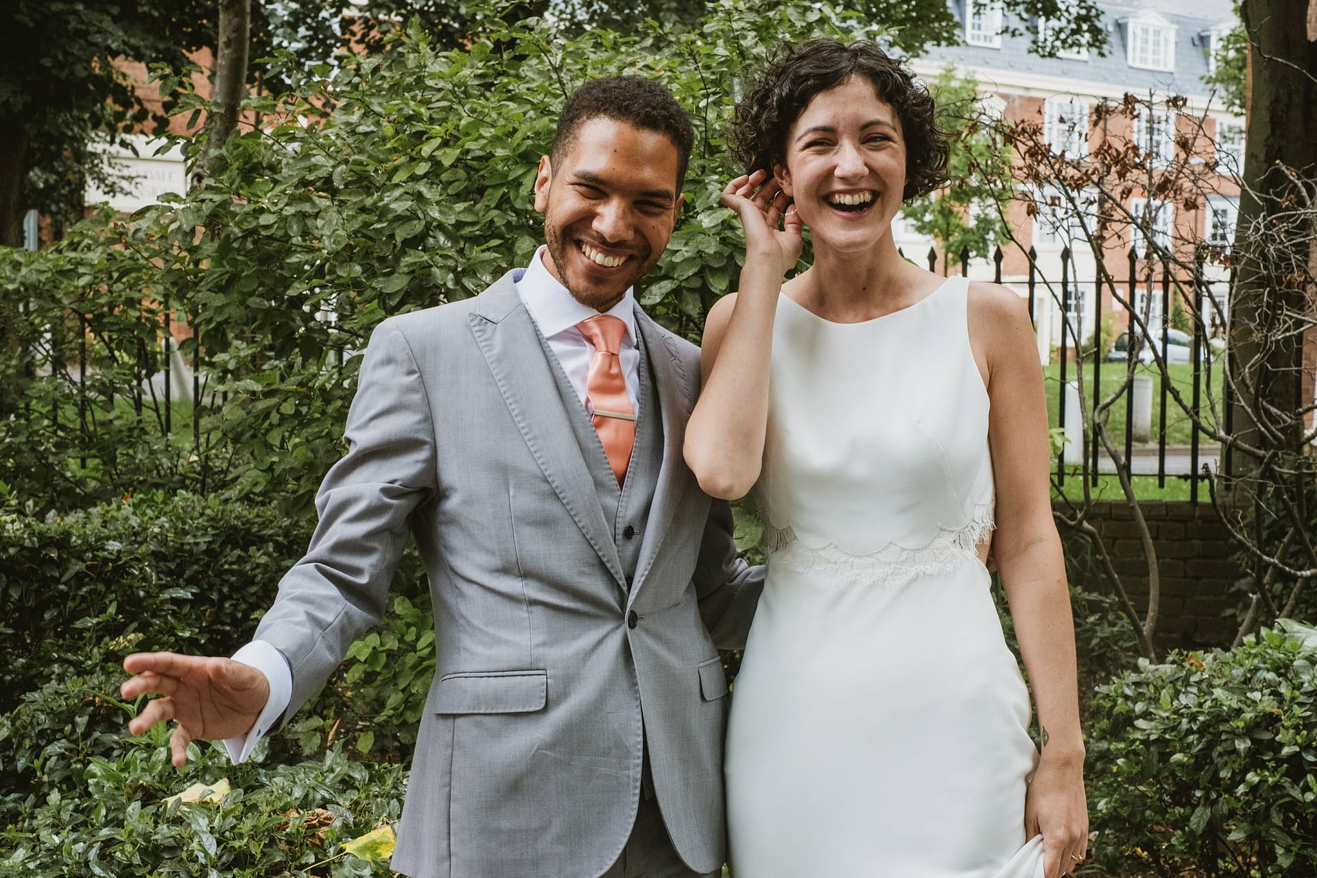 bride and groom outside Islington Town Hall in london