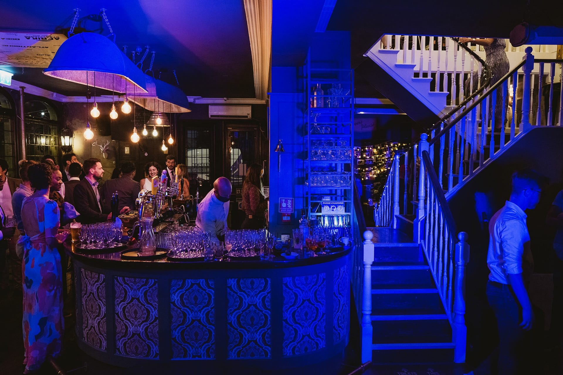Prince Albert Camden pub wedding venue lit with a blue light