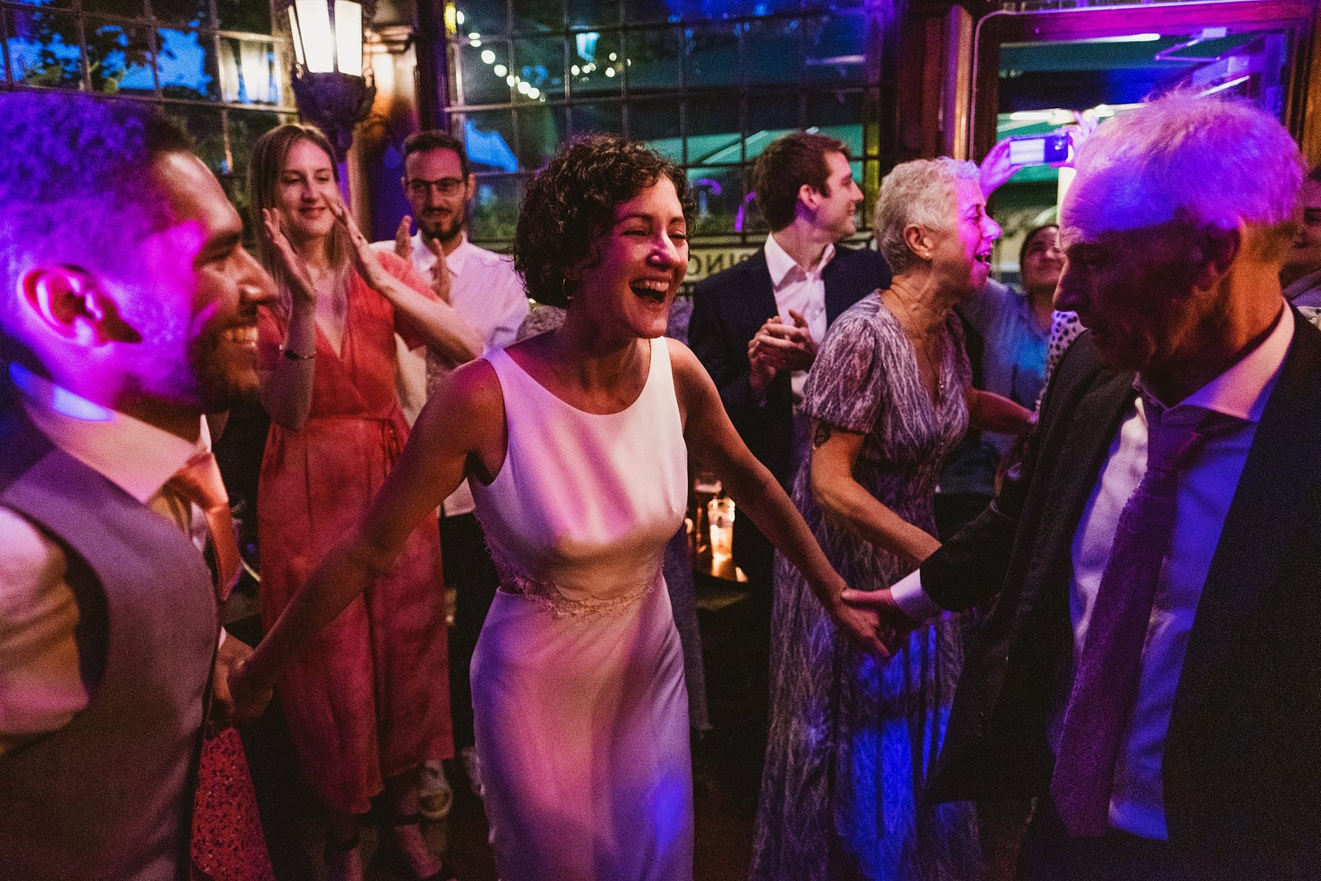 bride happy on the dance floor at Prince Albert pub in Camden