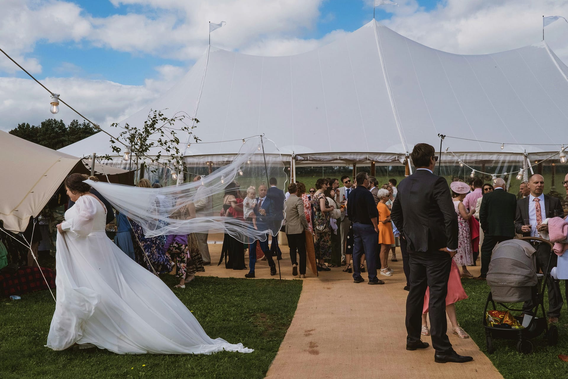 Bride in veil at outdoor wedding reception