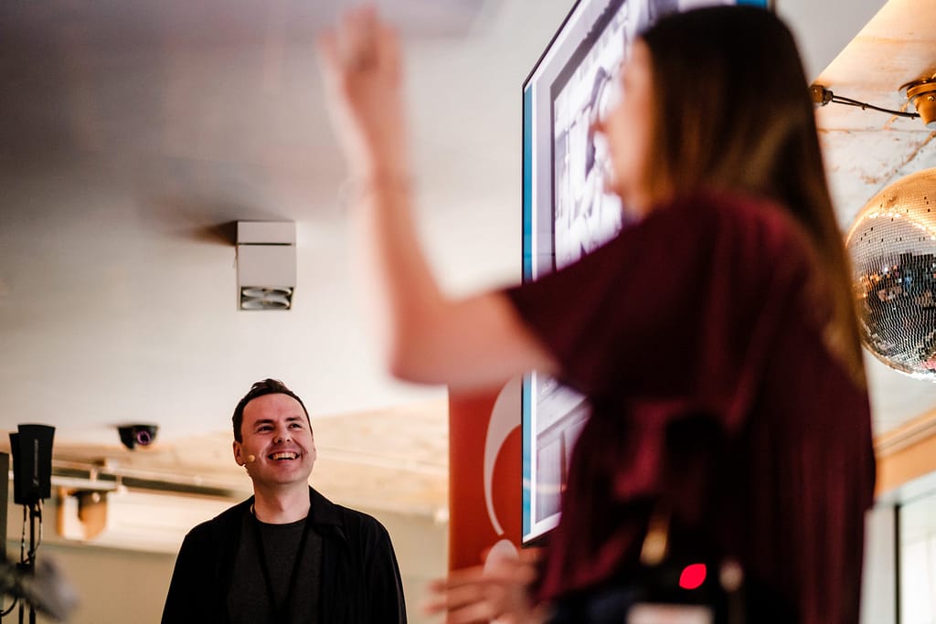 Documentary wedding photographer Liam Shaw (photographed speaking at Doc Day Conference)