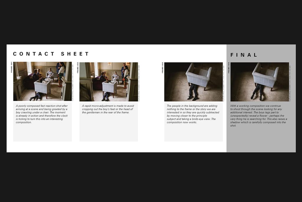 Contact sheet from a photography book, demonstrating the process of reducing the lag time in wedding photography