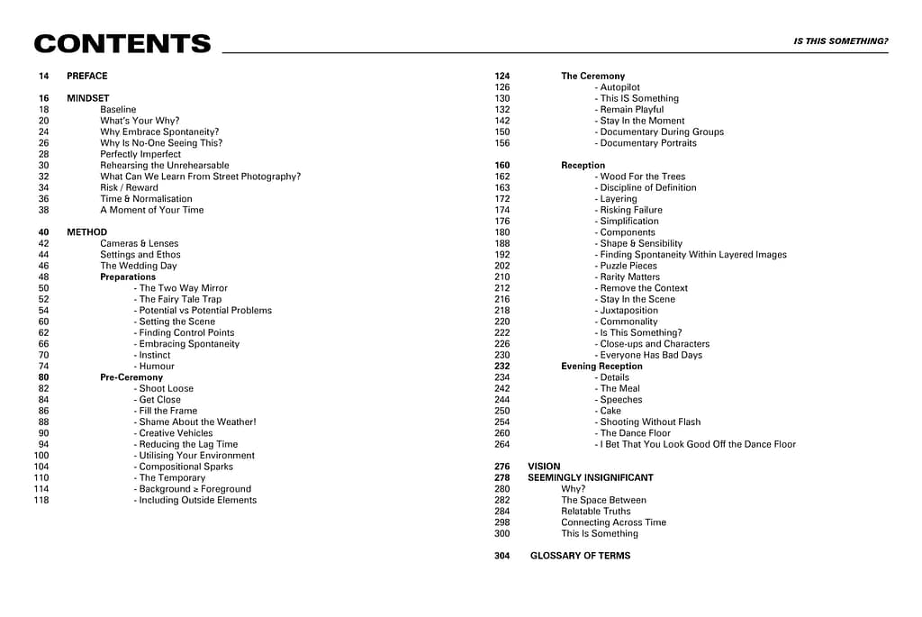 Contents page of book about documentary photography