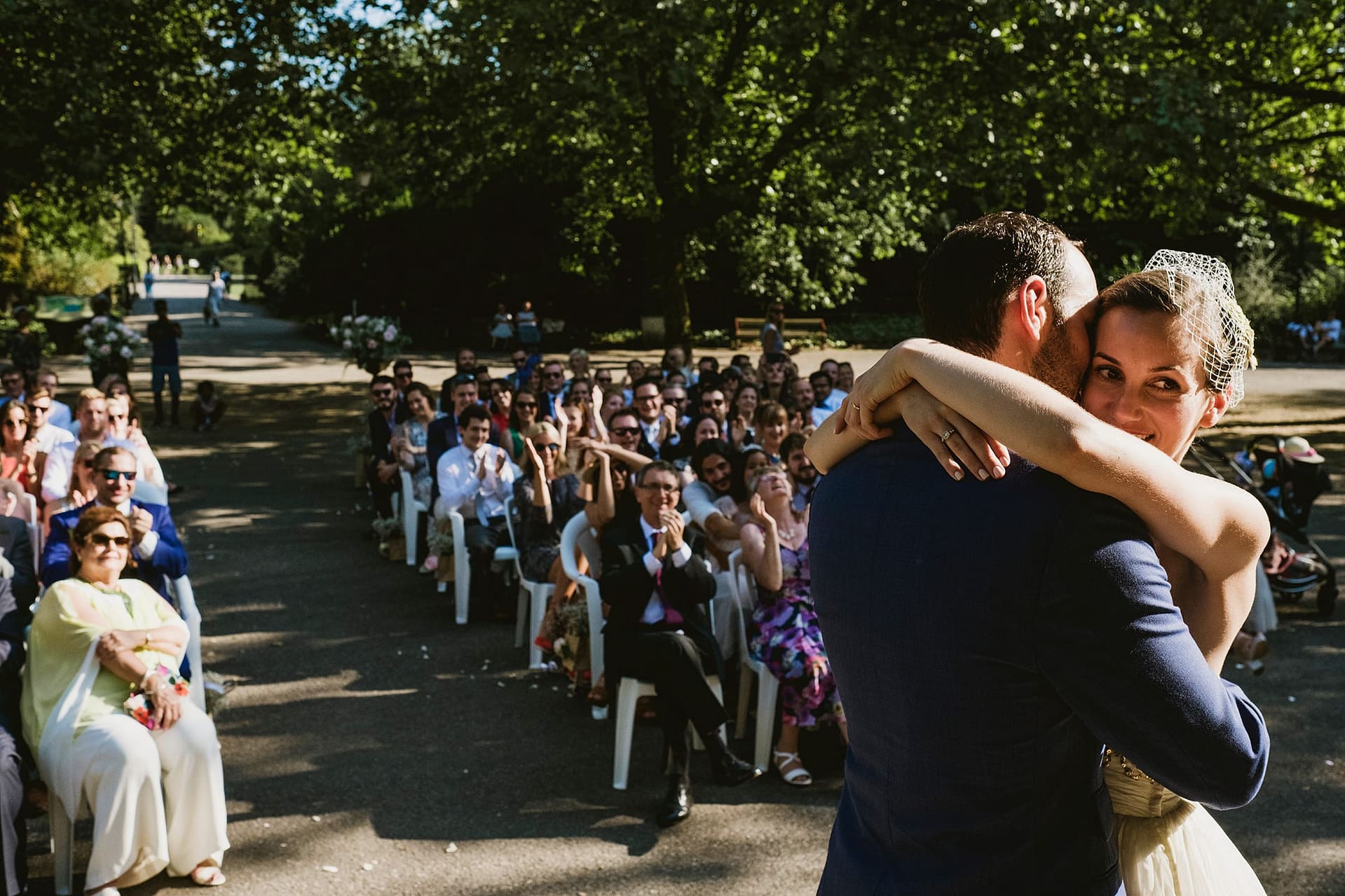 Battersea Park bride and groom ceremony first kiss