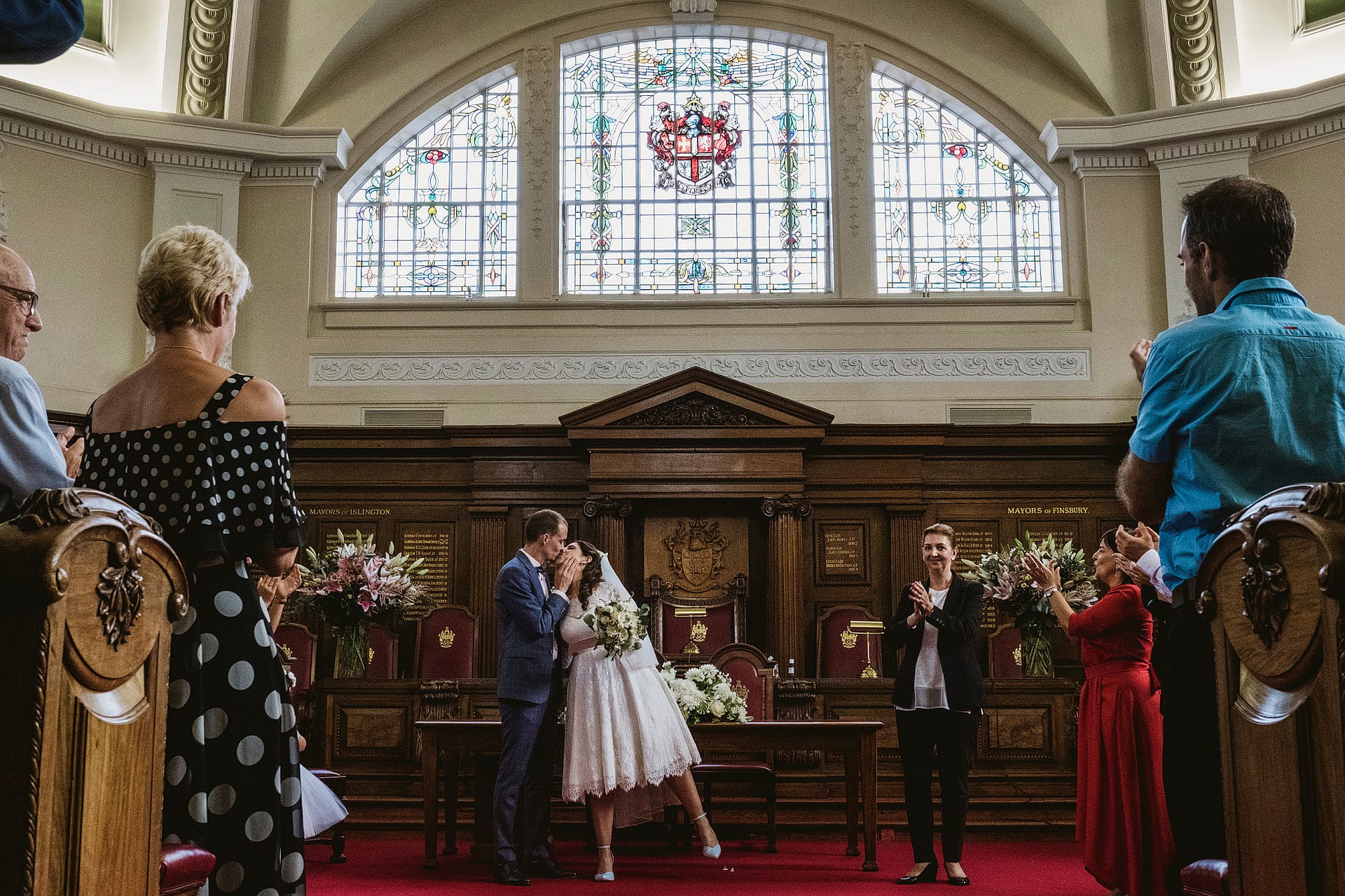 Islington Town Hall Wedding Photography - bride and groom kiss
