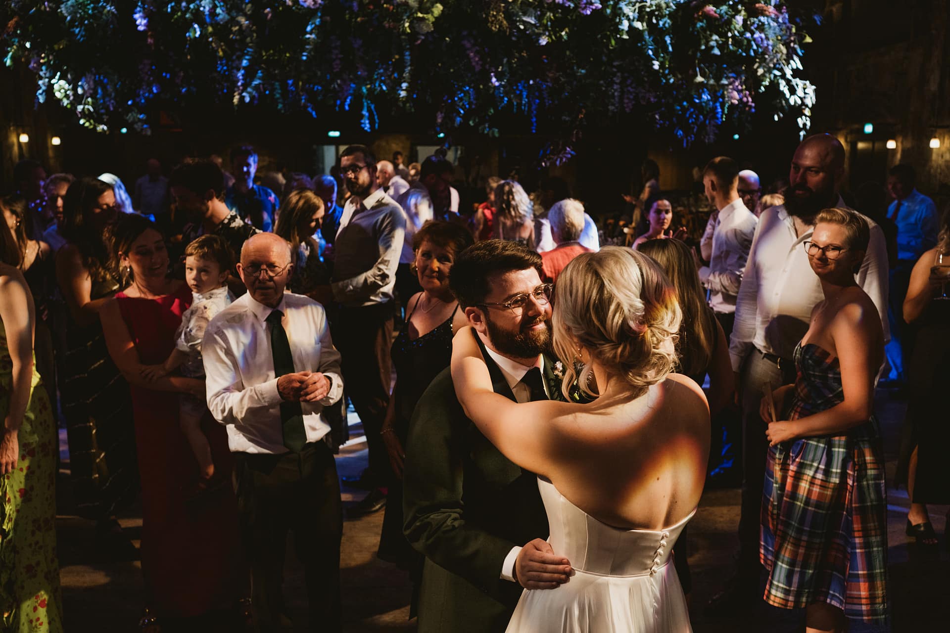 Couple dancing at a wedding reception.