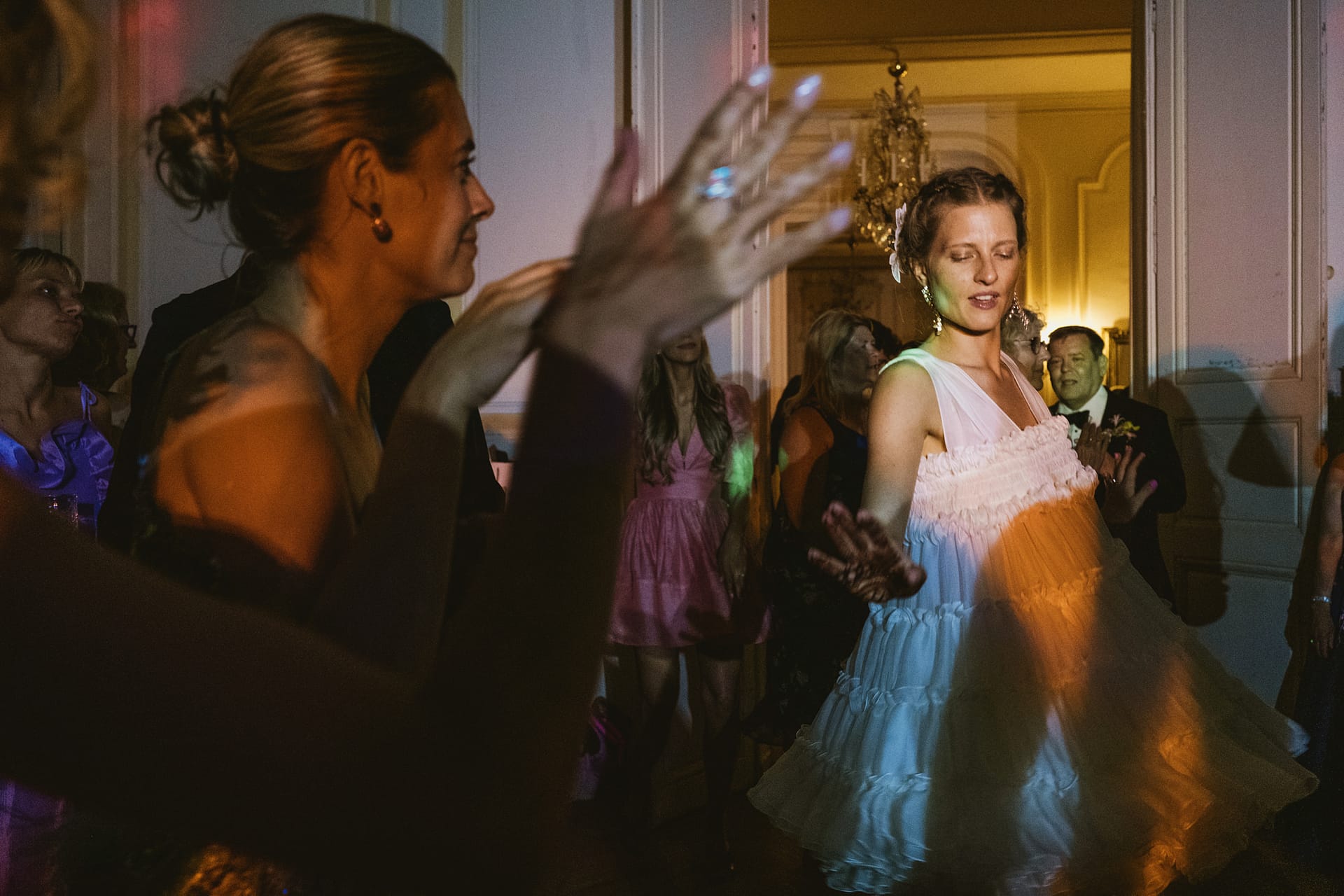 Bride dancing at Chateau du Fey, at the wedding reception