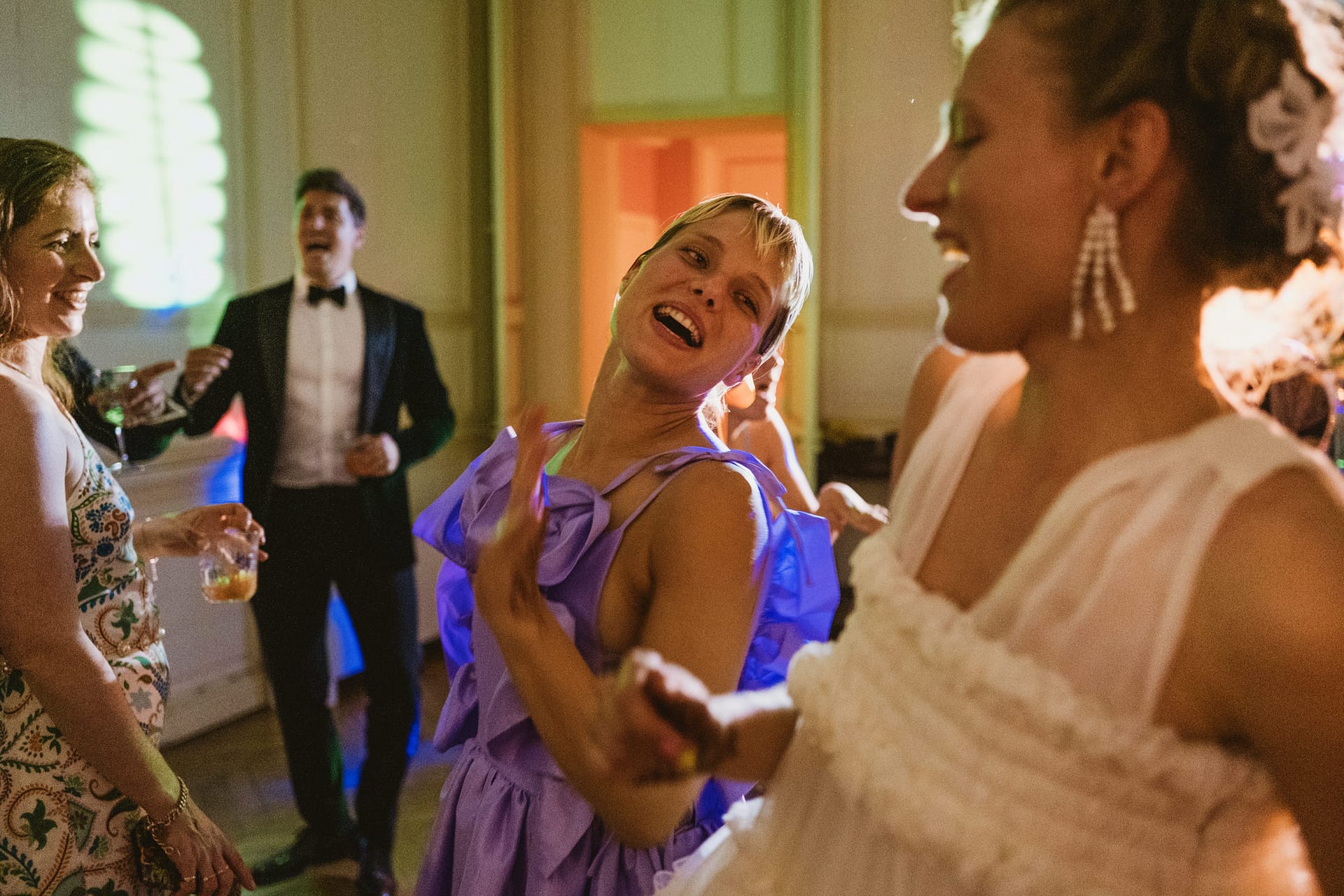 Bride and bride's sister dancing at Chateau du Fey