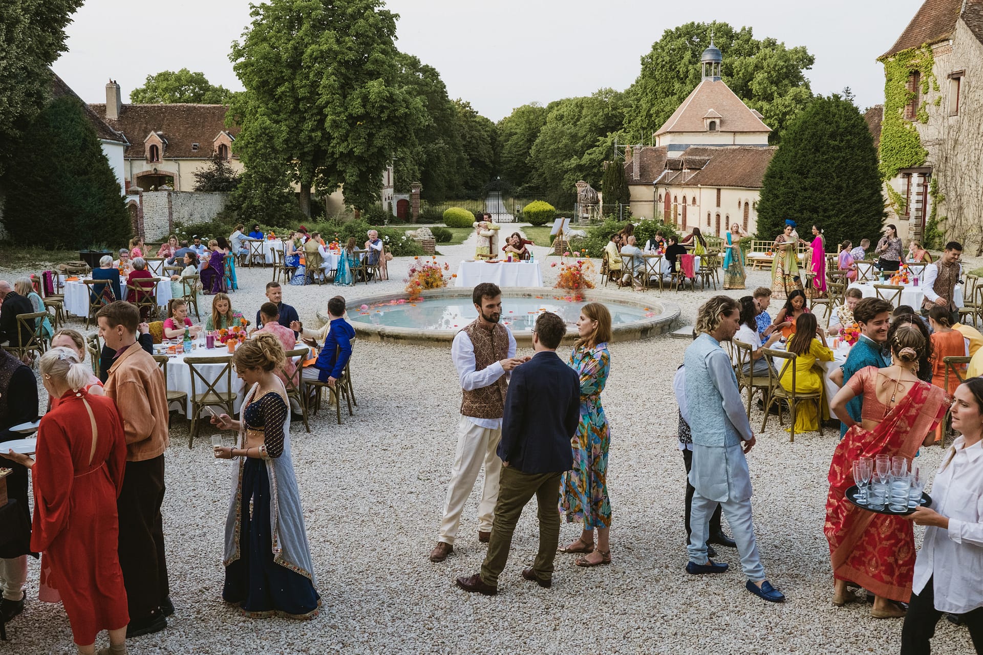 A wide shot of the Chateau du Fey wedding reception
