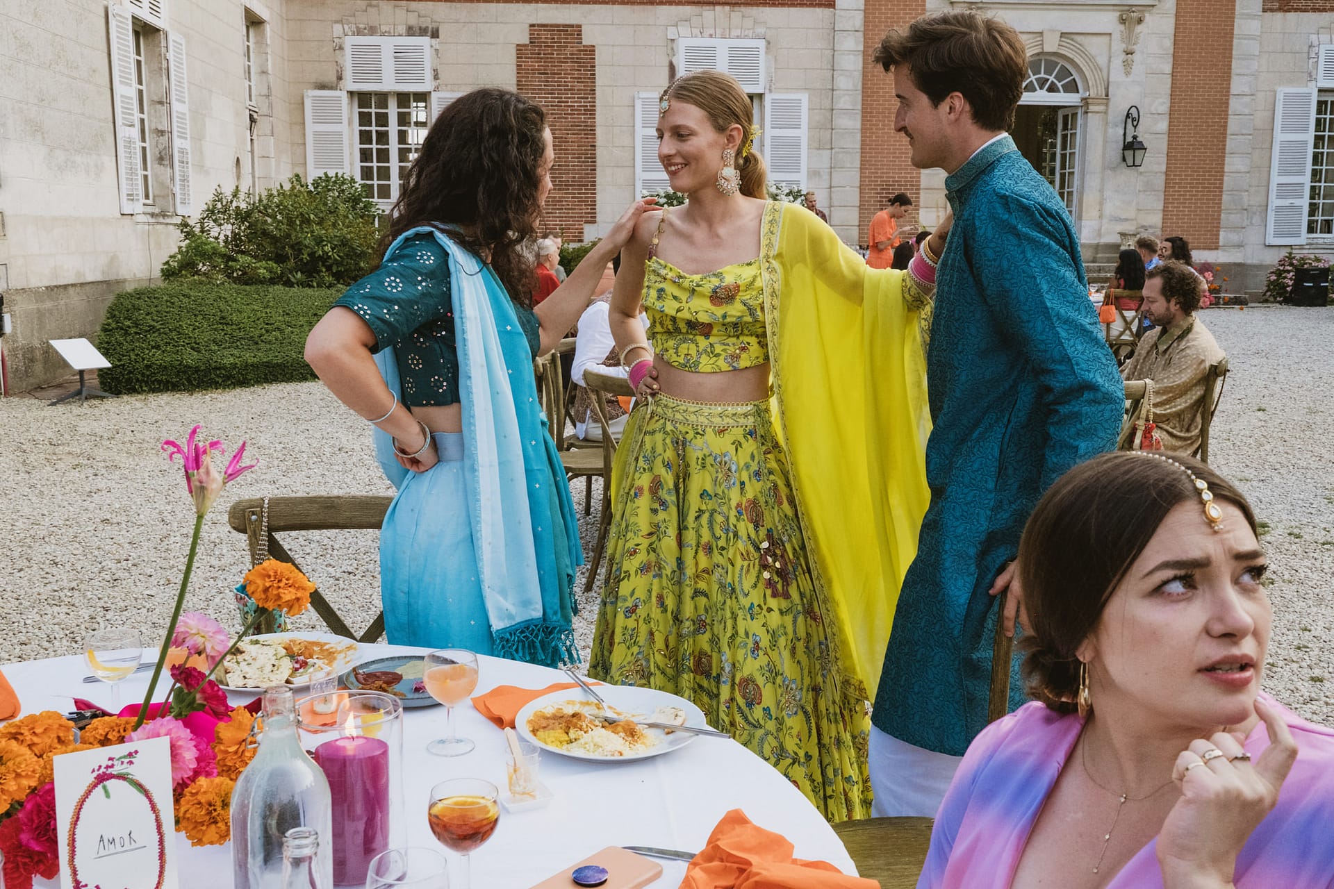 Chateau du Fey wedding reception. Bride greets guests at her french wedding