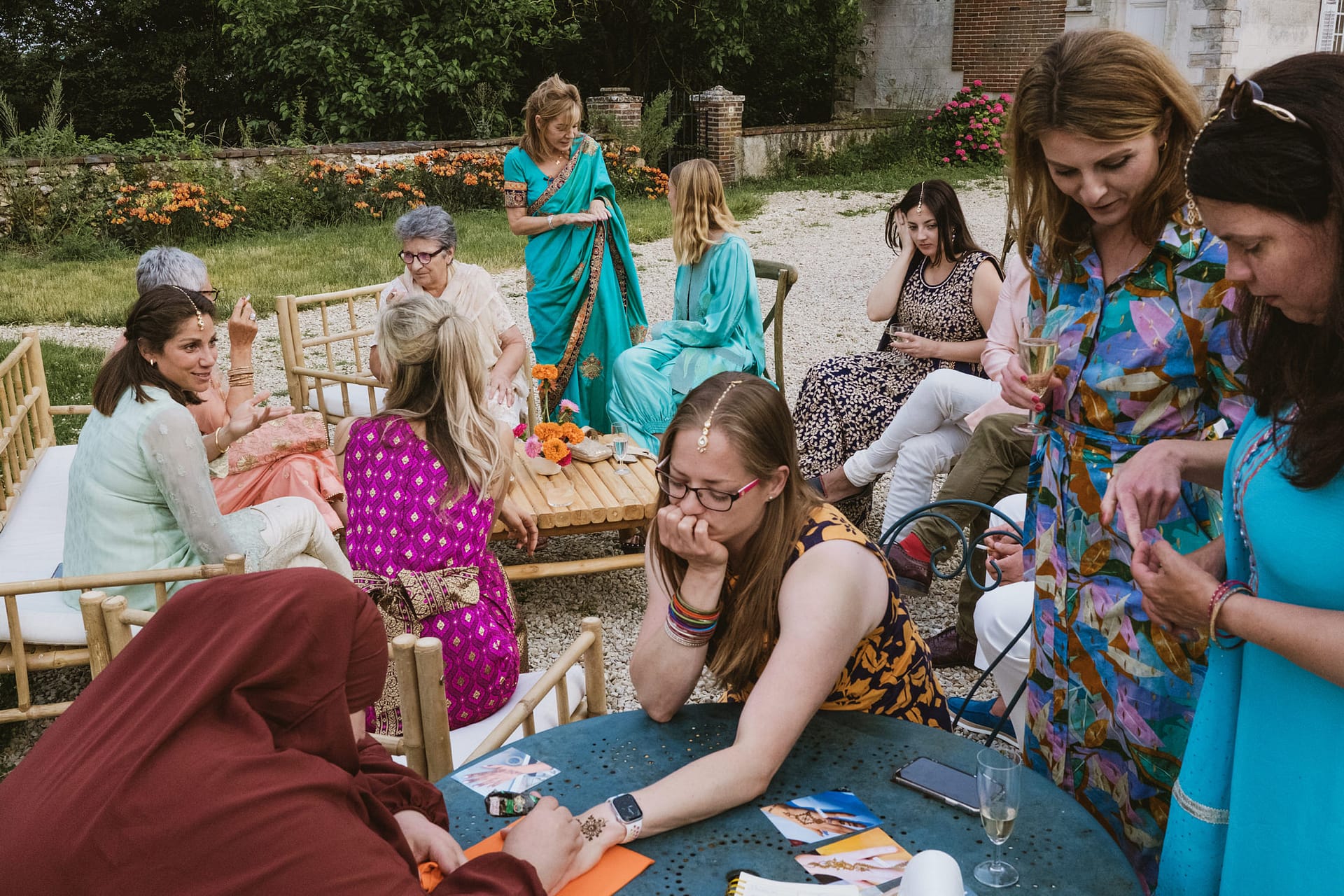 mendhi being applied at the wedding reception at Chateau du Fey in France