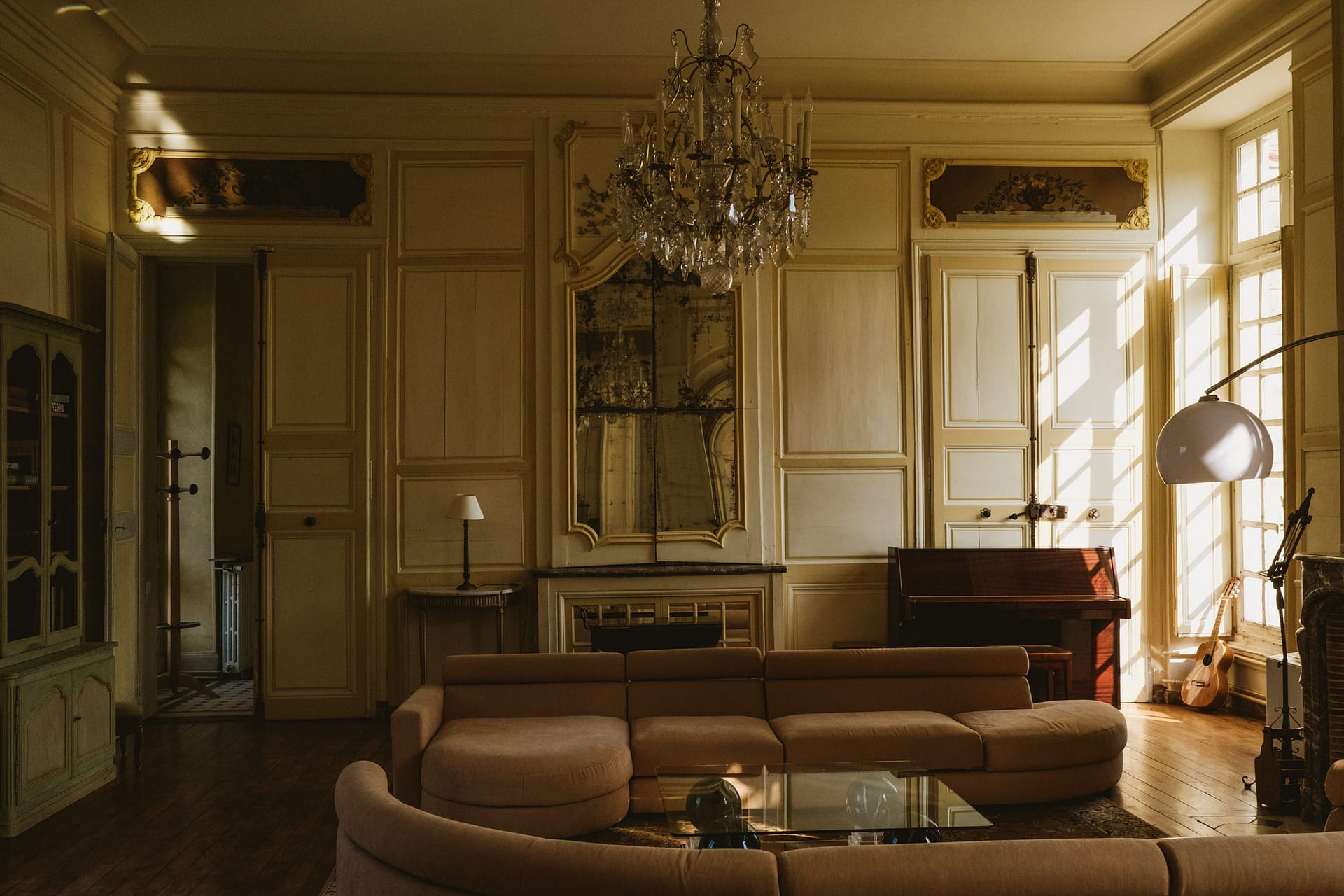 The interior of Chateau du Fey in France. The beautiful room lit only by the morning sun