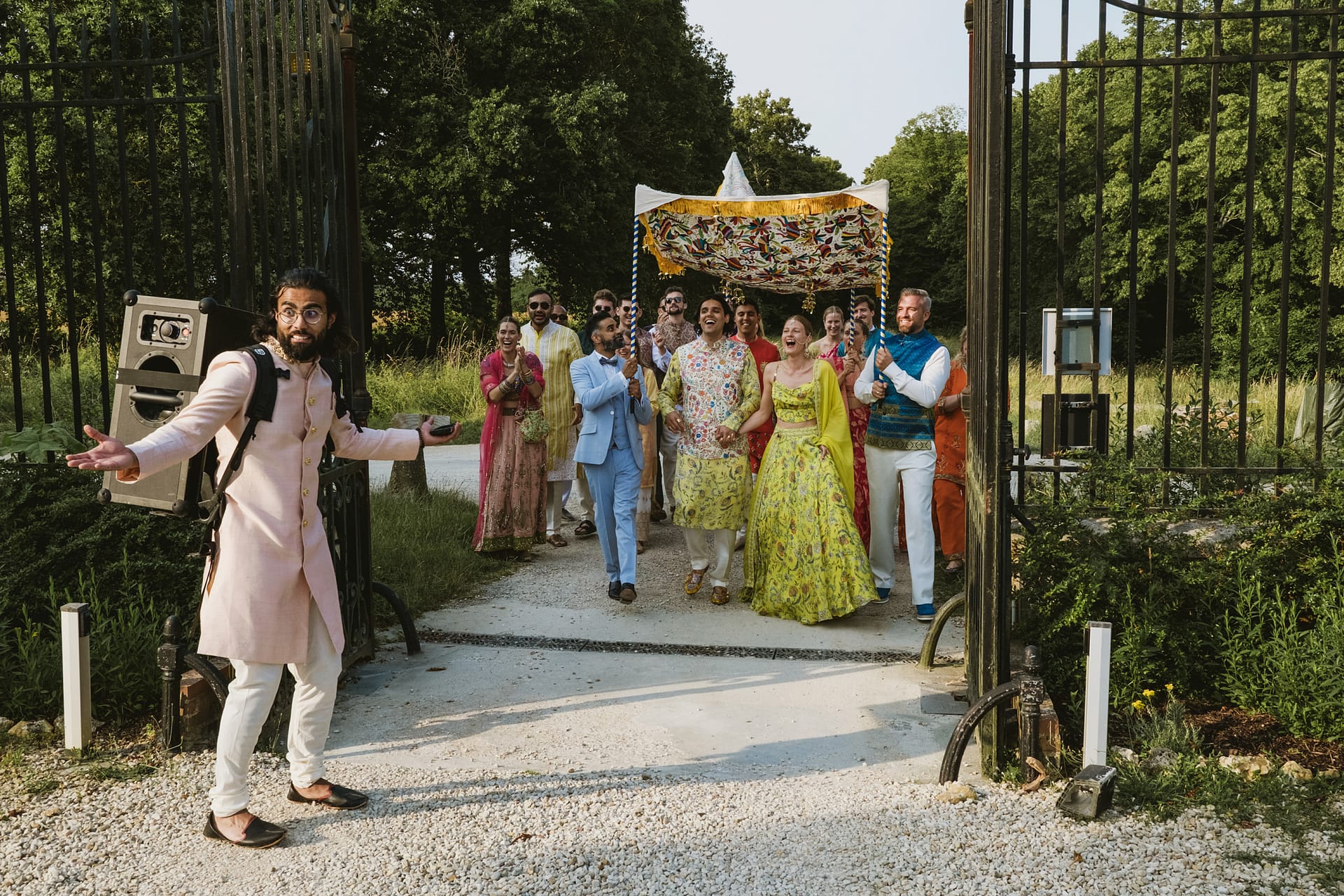 bride and groom mendhi wedding entrance at Chateau du Fey in France