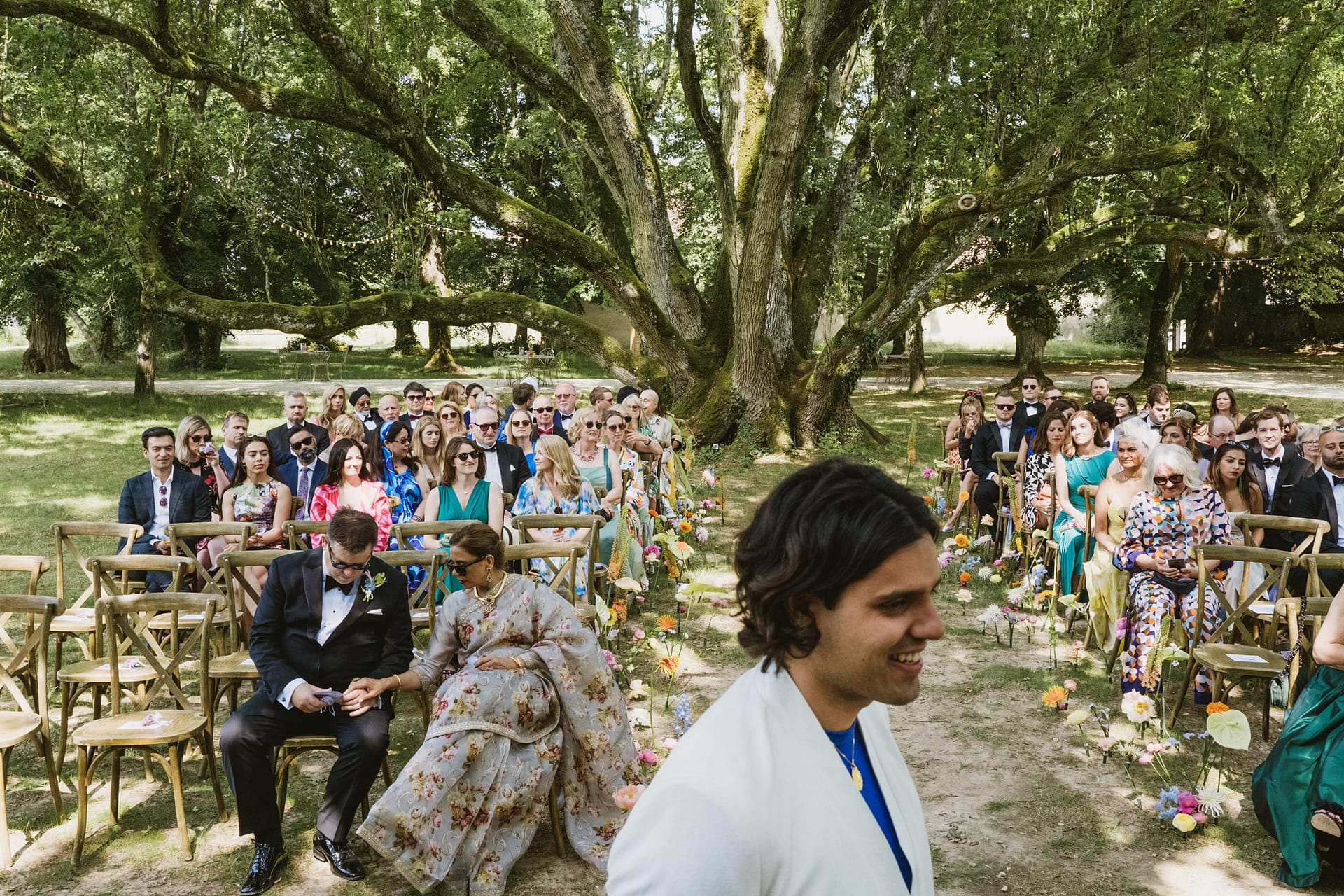 Groom waiting for bride to arrive at the Chateau du Fey in France ceremony