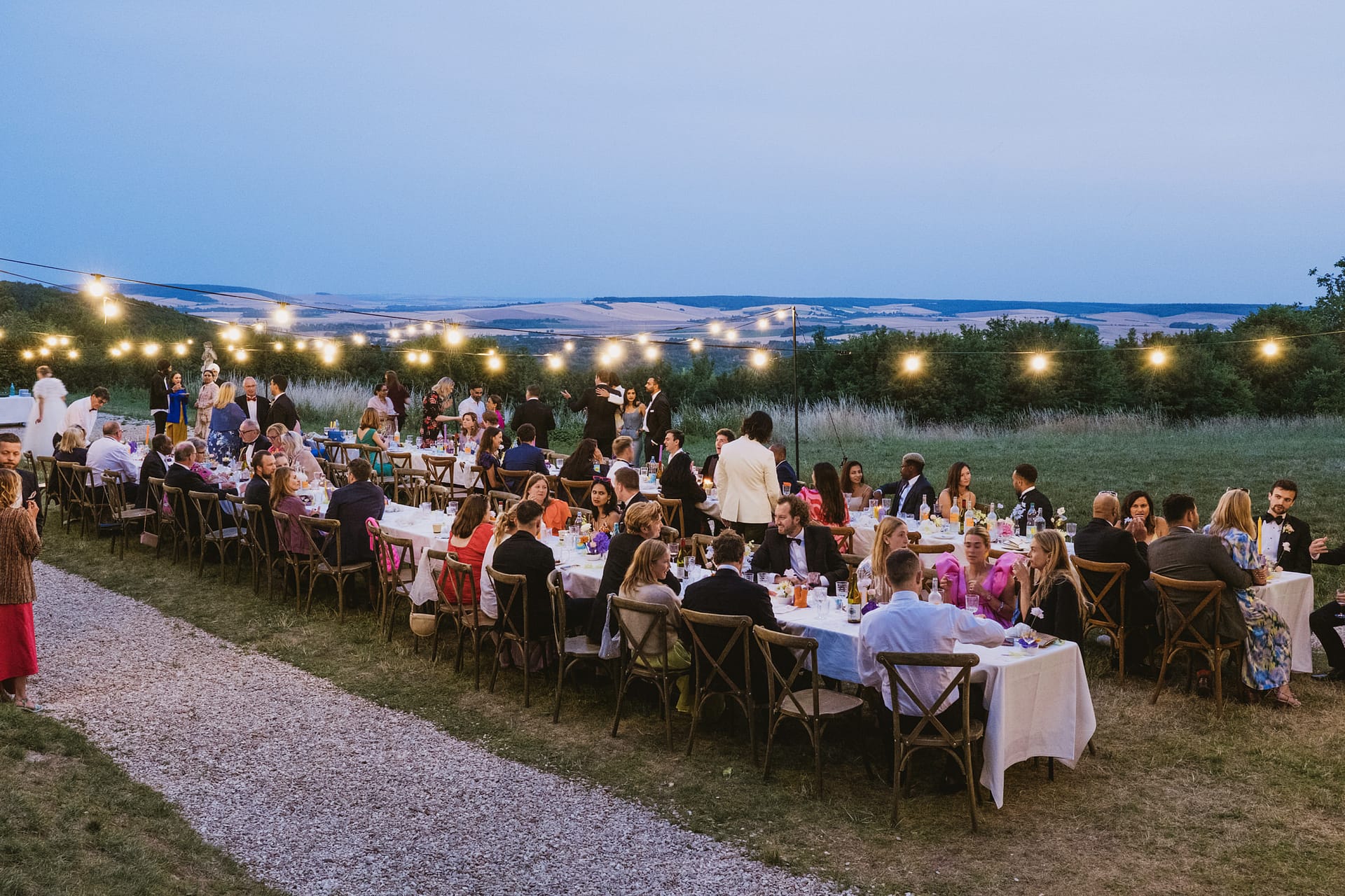 Chateau du Fey wedding reception. Outdoor dinner with tables outside