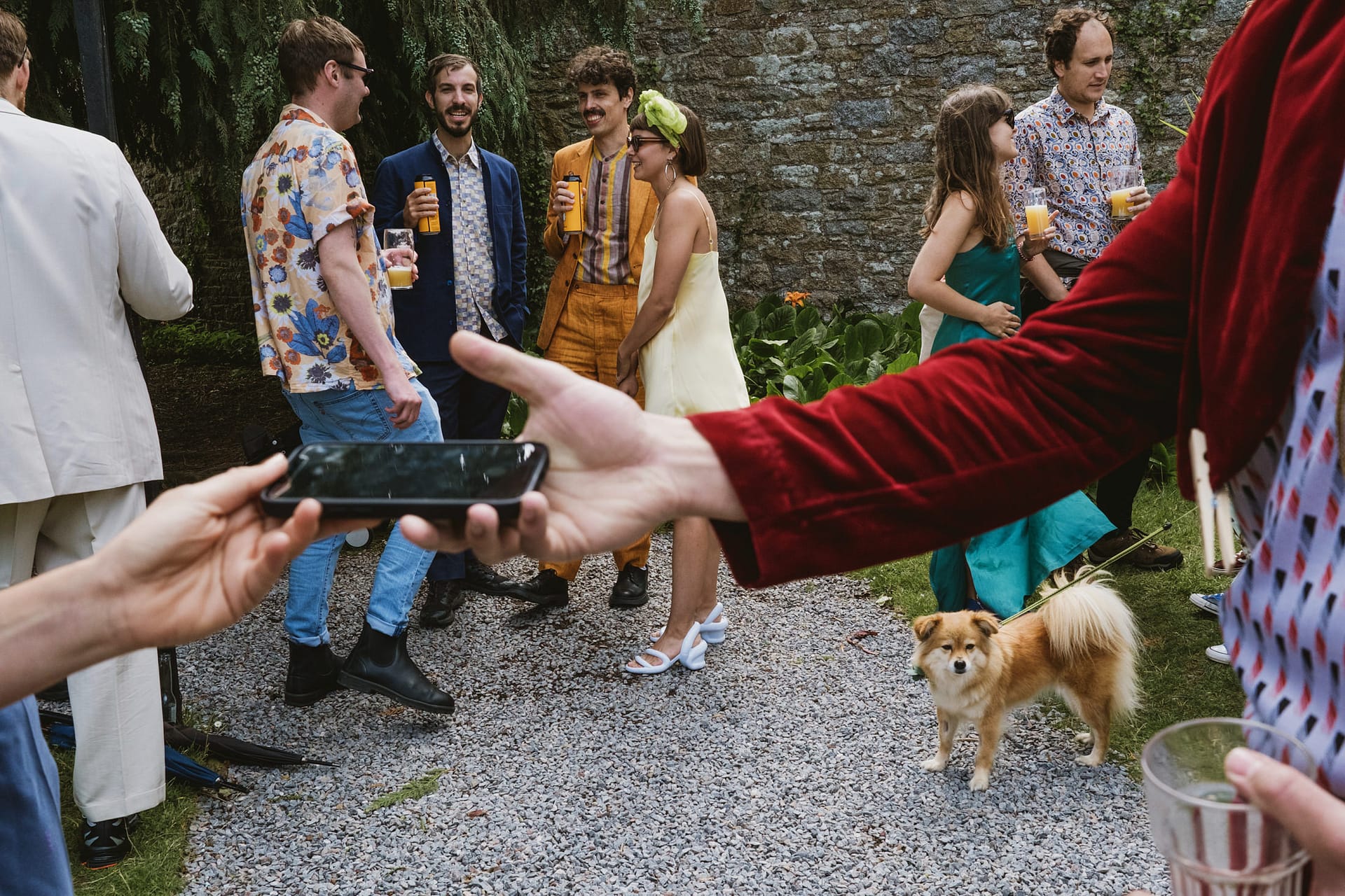 Garden party with people and a dog.