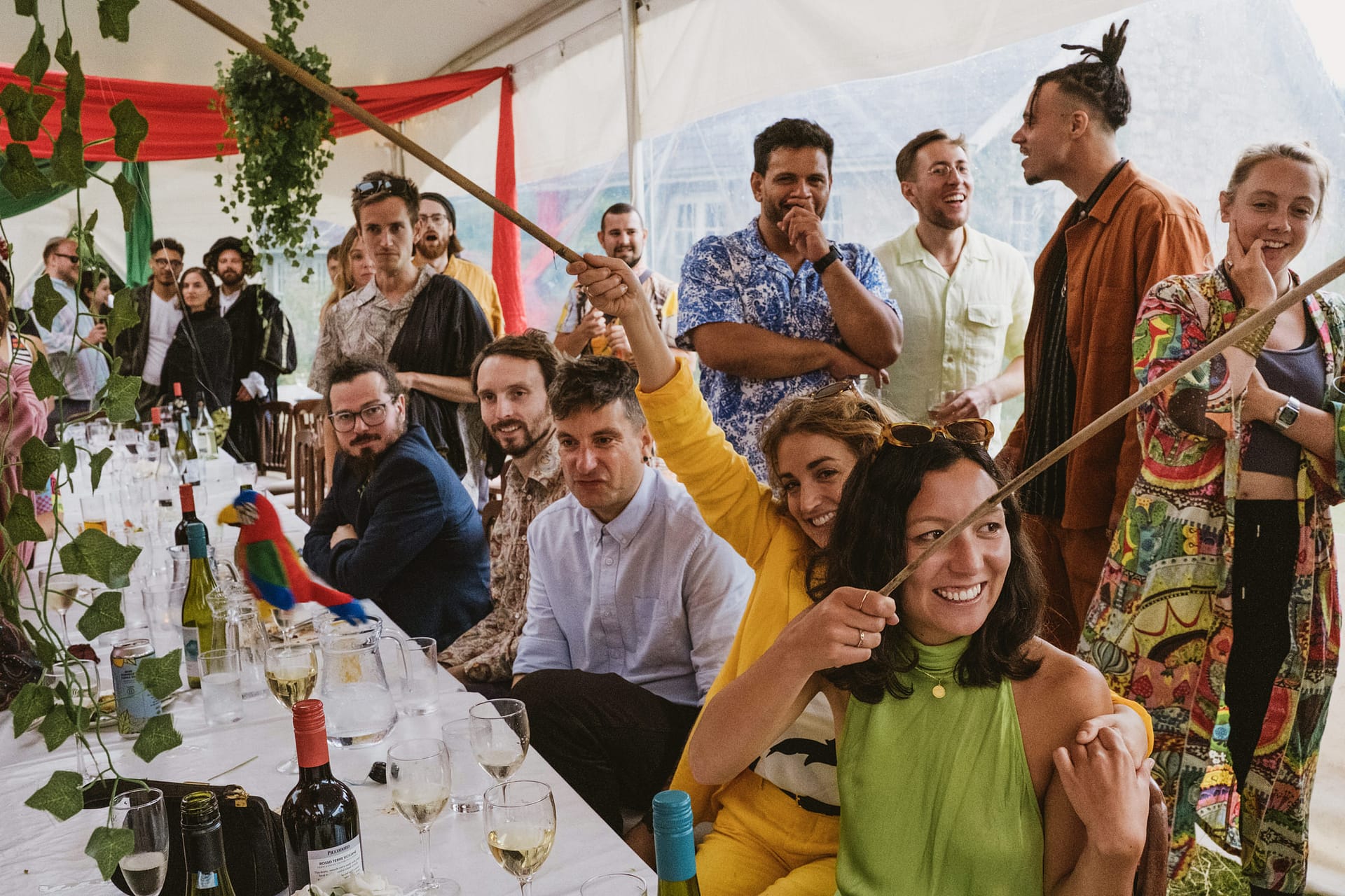 Group of friends celebrating at a colourful party.