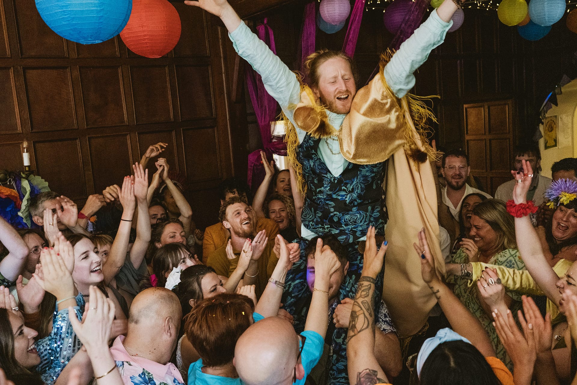 Group celebrating at a lively party.