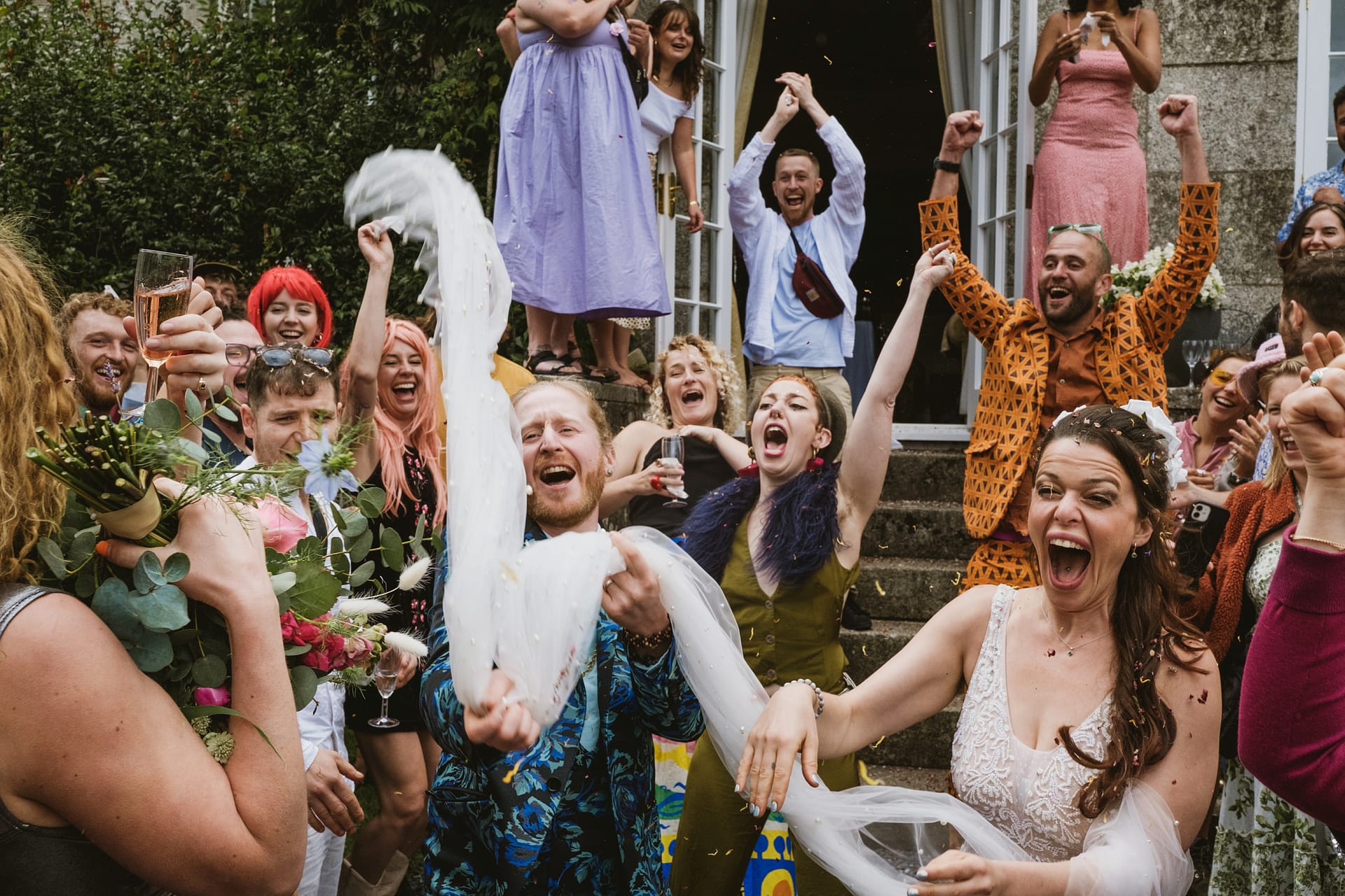unique perspective on the confetti moment at a wedding