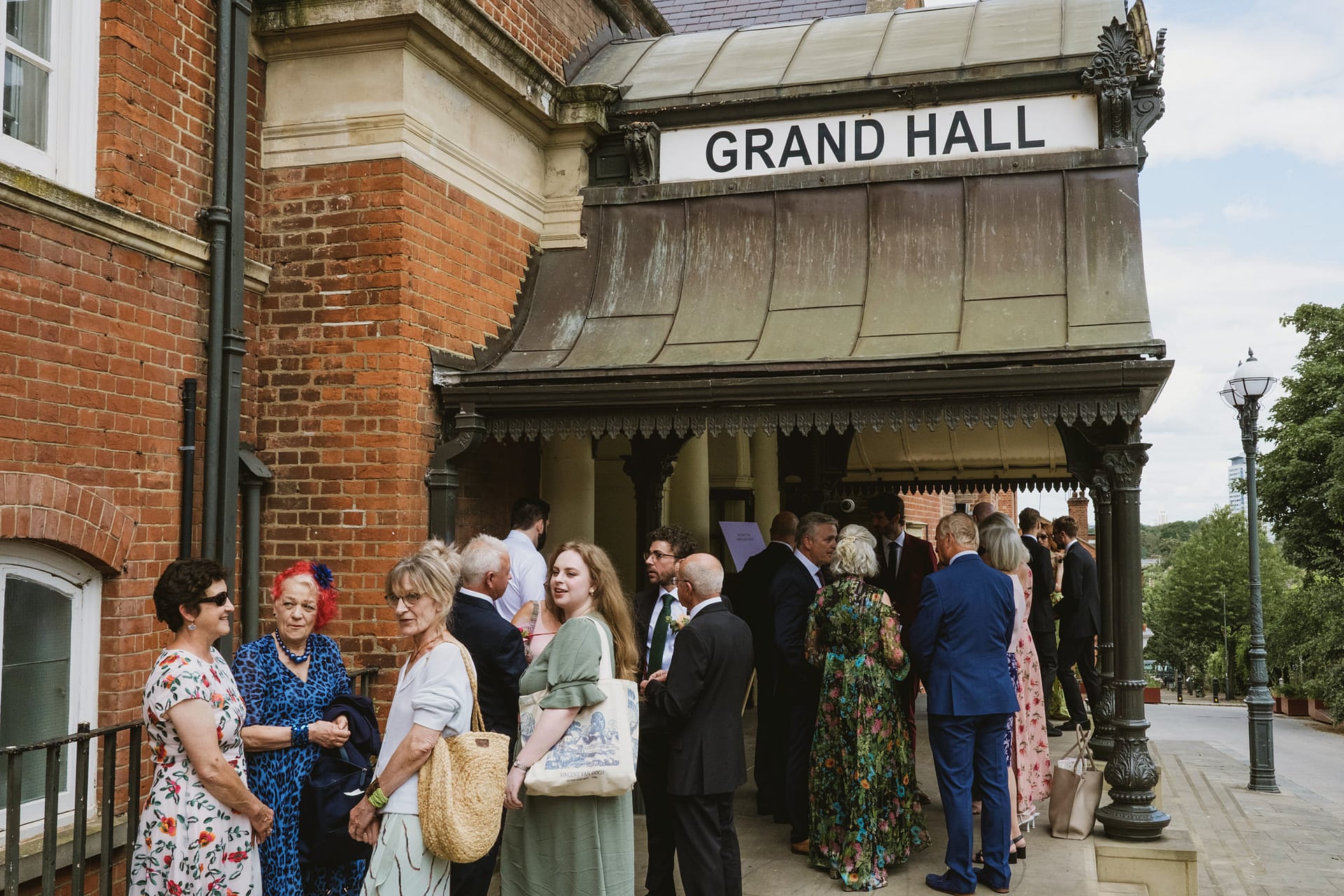 People gathered outside the Grand Hall entrance.