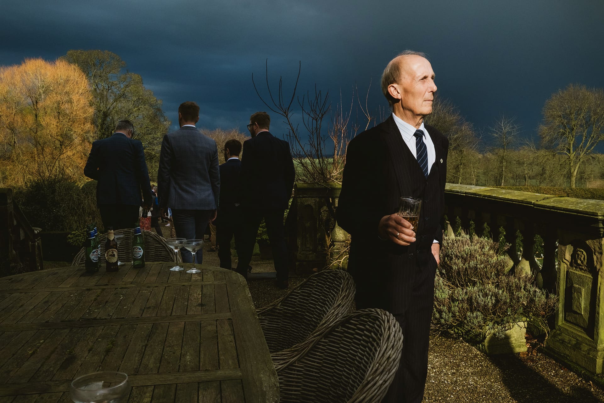 Elegant garden party with stormy sky backdrop