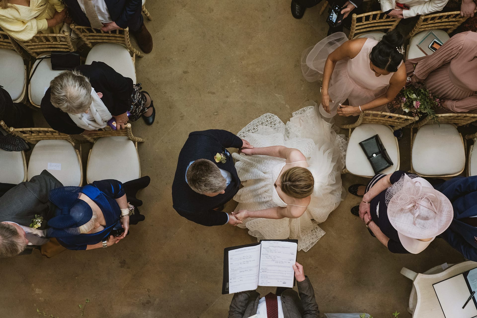 Overhead view of wedding ceremony with guests.