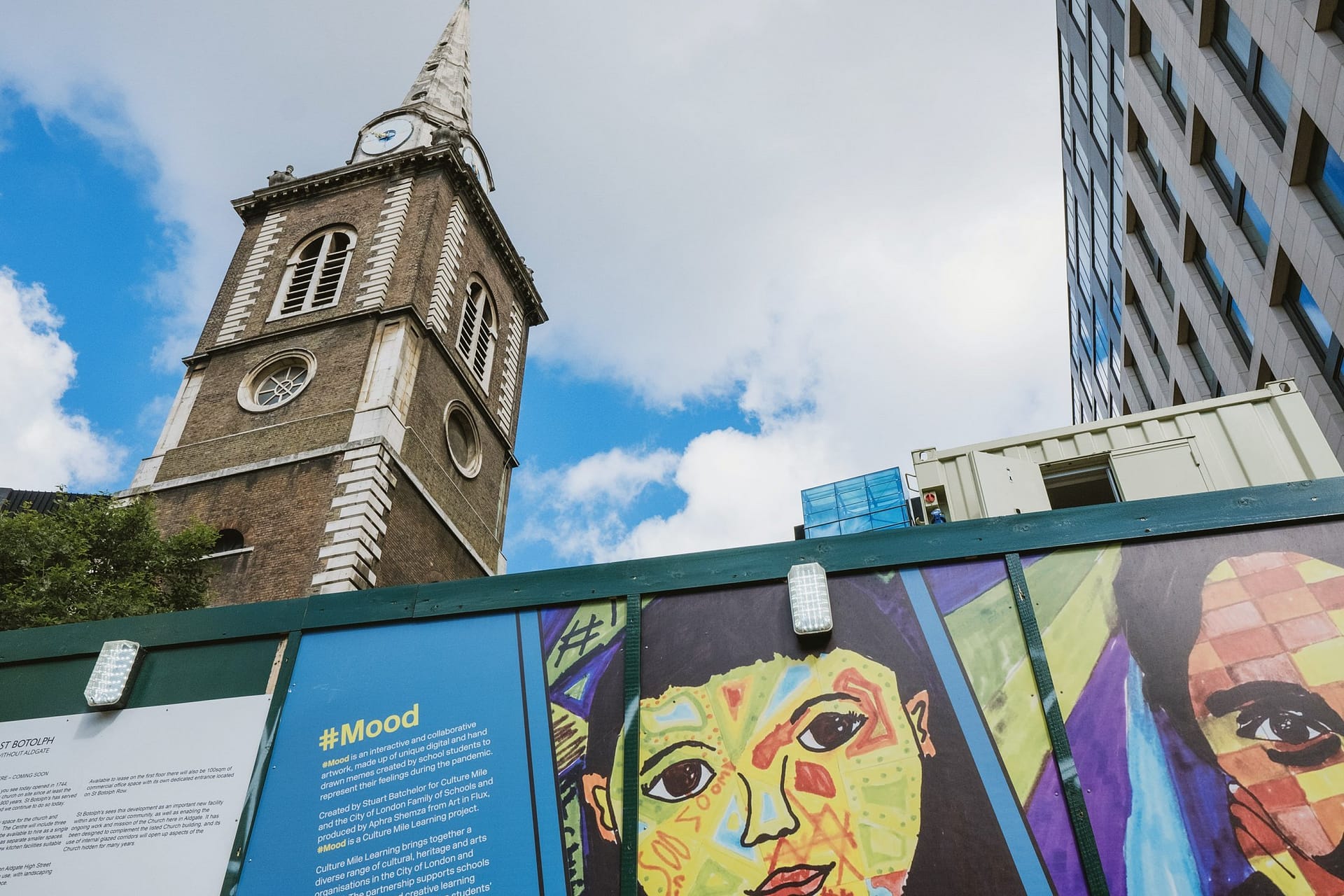 A construction site with the St Botolph without Aldgate building in the background.
