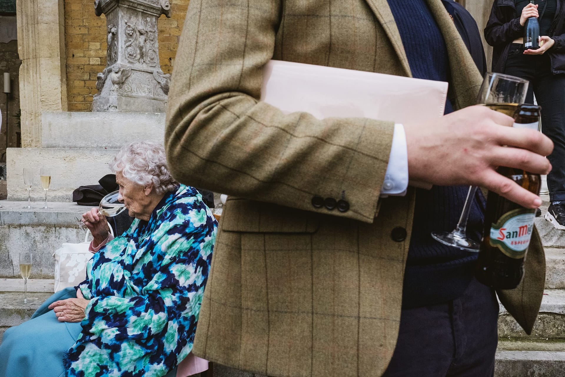 wedding guests drinking at the asylum chapel