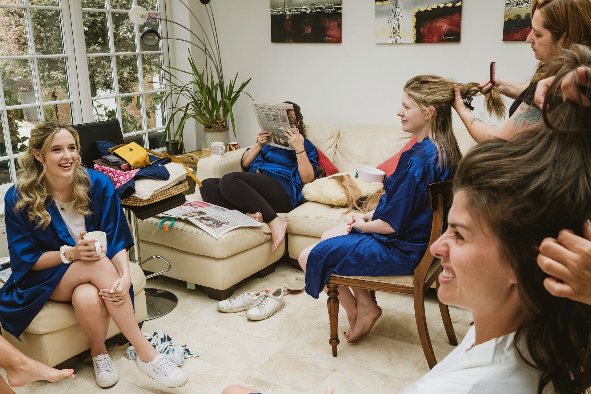 Bride and bridesmaids get ready for the wedding at her home in Buckinghamshire