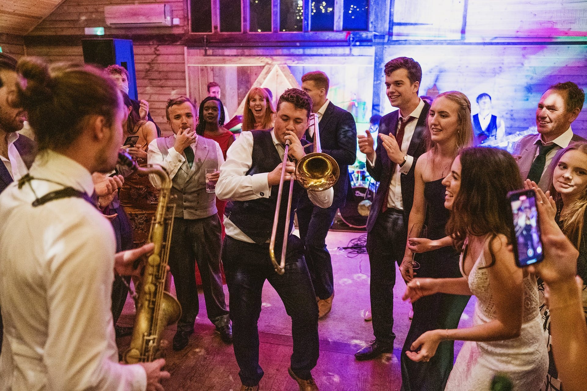 wedding guests playing instruments at high billinghurst farm