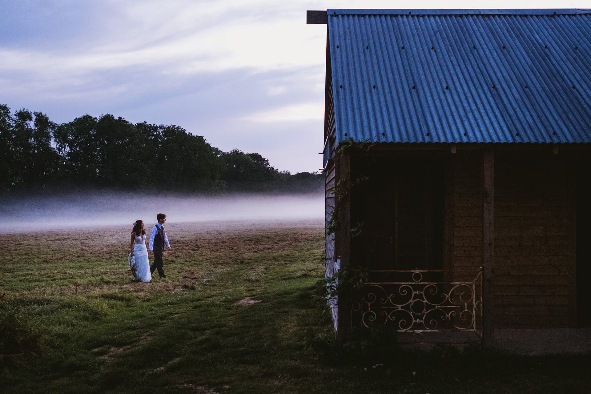 bride, groom misty wedding portrait at high billinghurst farm