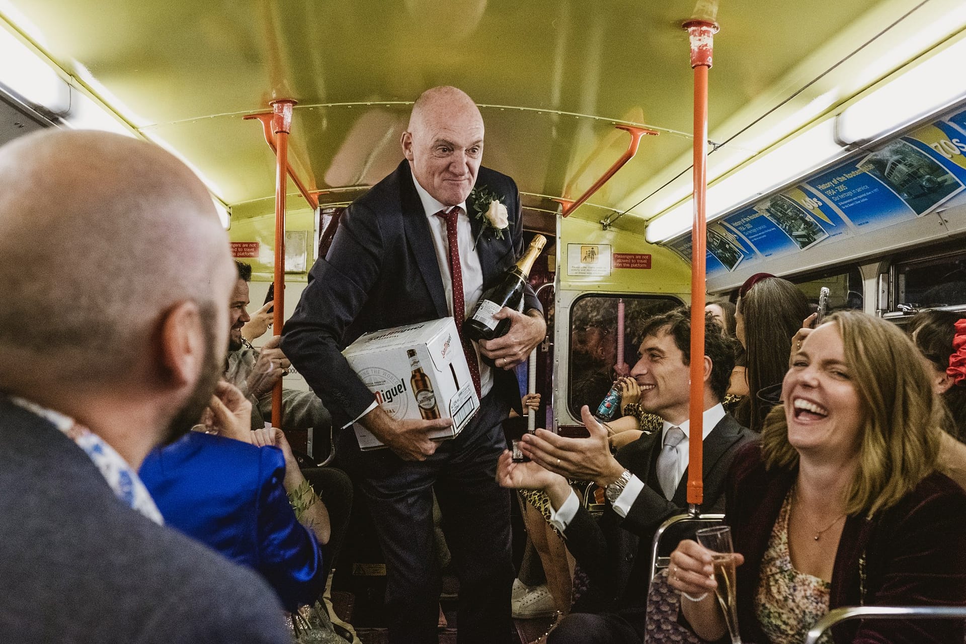 wedding guests on the london bus